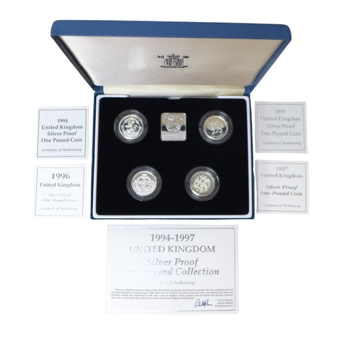 40 - Royal Mint Silver Proof One Pound coin sets, comprising United Kingdom Pattern Collection four-coin ... 