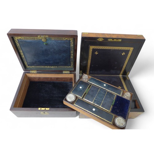 130 - A Victorian burr walnut writing slope and a rosewood travel box, with fitted interior, 30 by 23 by 1... 