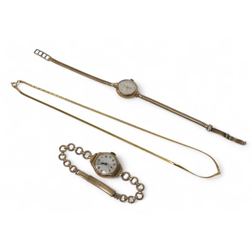 87 - Two 9ct gold case ladies cocktail watches, both with yellow metal bracelets, together with a 9ct gol... 