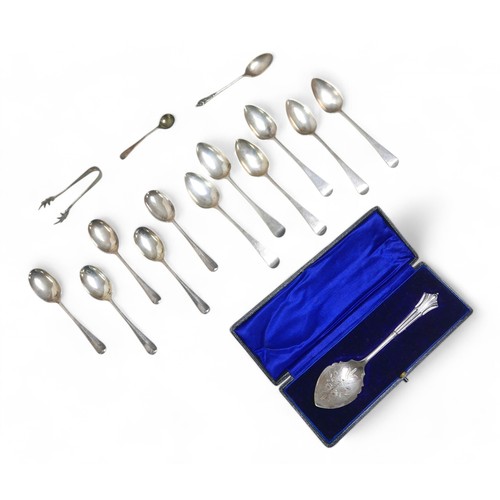 55 - A collection of George III and later silver, including a set of six Georgian teaspoons, rubbed hallm... 