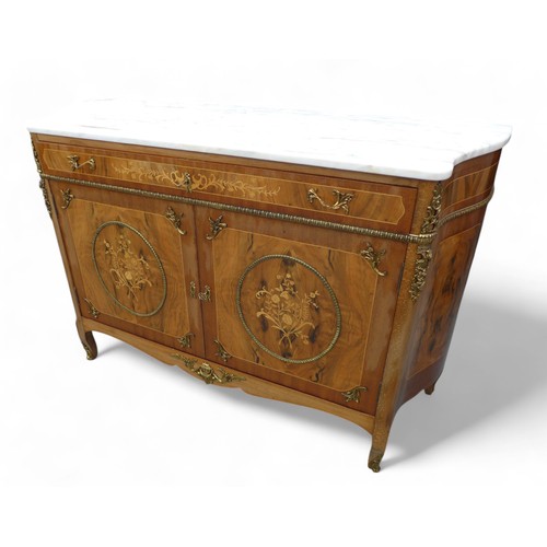 245 - A 20th century French style marble top inlaid side cabinet, with ormolu mounts, 141 by 45 by 93cm hi... 