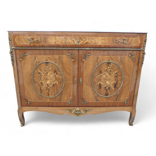 245 - A 20th century French style marble top inlaid side cabinet, with ormolu mounts, 141 by 45 by 93cm hi... 