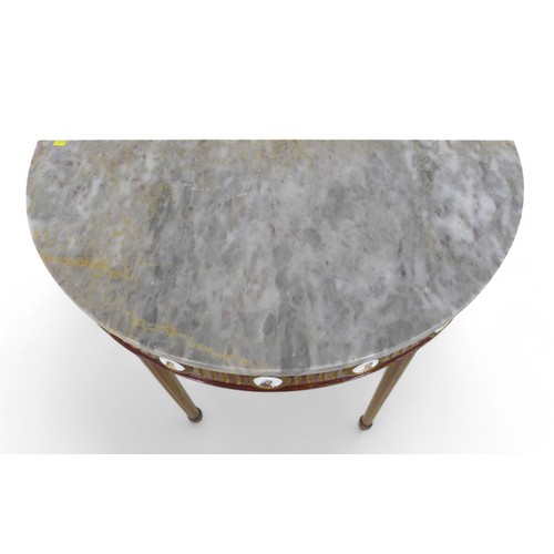 241 - A 20th century marble topped demi-lune hall table, with porcelain plaques to the frieze, 80 bye 40 b... 