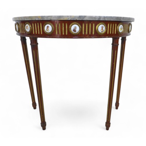 241 - A 20th century marble topped demi-lune hall table, with porcelain plaques to the frieze, 80 bye 40 b... 