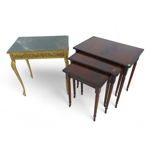 235 - A nest of three mahogany side tables and a faux marble top gilt table, 54 by 36 by 56cm high. (4)