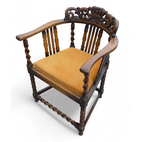 242 - A 1930's oak sugar barley twist open armchair, 60 by 60 by 81cm high.