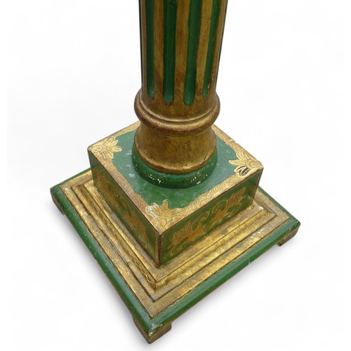 232 - A gilt and green painted plant stand, 25 by 25 by 93cm high.