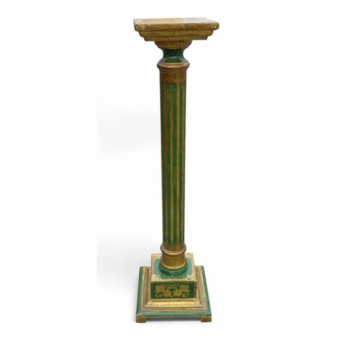 232 - A gilt and green painted plant stand, 25 by 25 by 93cm high.