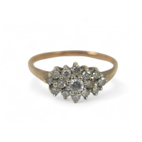 94 - A 9ct gold and diamond cluster ring,  ring size R, 2.1g, plus a 9ct gold band set with clear stones,... 