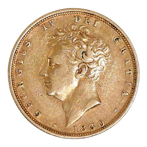 1 - A George IV gold shield back sovereign, 1830, obverse with bare head portrait, reverse with crowned ... 