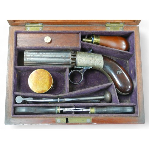 154 - A mid 19th century or later pepperbox pistol with case and accessories, pistol bearing names 'C. L. ... 