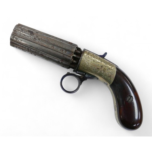 154 - A mid 19th century or later pepperbox pistol with case and accessories, pistol bearing names 'C. L. ... 