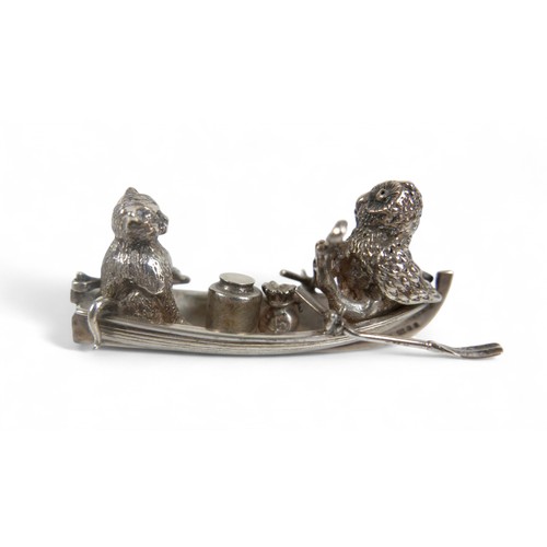 8 - An Elizabeth II silver miniature novelty bibelot, modelled as 'The Owl and The Pussy Cat', both seat... 