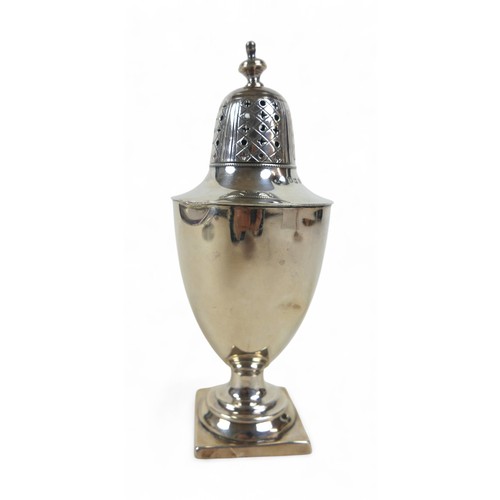 4 - Three silver items, comprising a sifter, 18cm high, a pierced sweetmeat dish, and a sweetmeat stand,... 