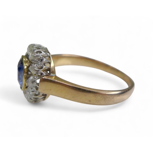 68 - A yellow gold sapphire and diamond cluster ring, size O, head size 10 by 11mm, surface tests to 18ct... 