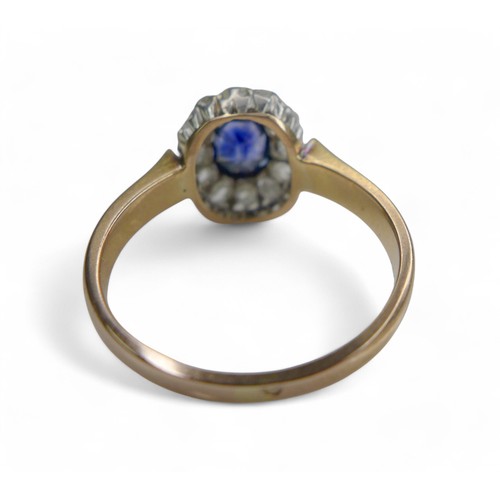 68 - A yellow gold sapphire and diamond cluster ring, size O, head size 10 by 11mm, surface tests to 18ct... 