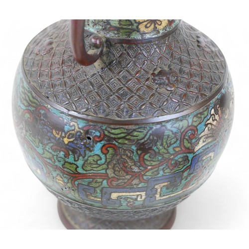 117 - A bronze cloisonné twin handle vase and a pair of dragon cloisonné bottle vases, largest 16cm diamet... 