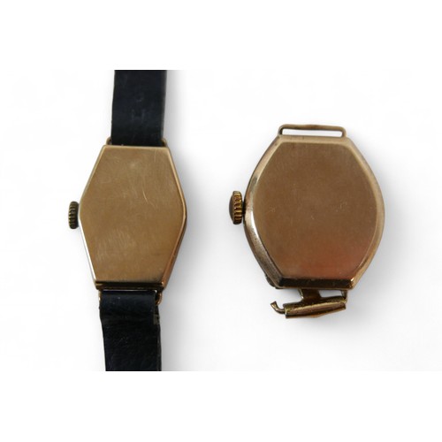 97 - Two 9ct yellow gold watch heads, both manual wind, largest has 20mm case, both running, total weight... 