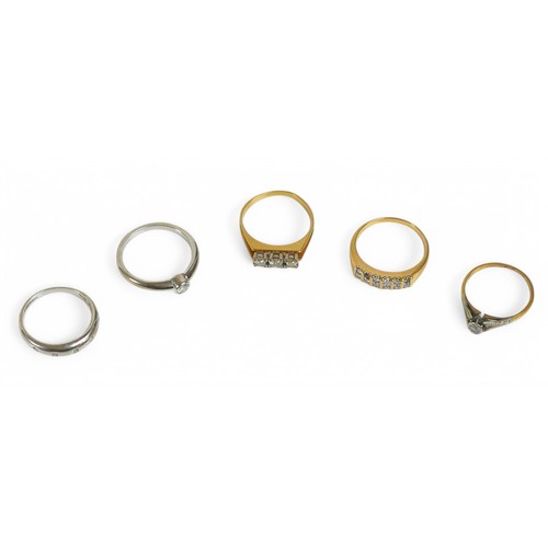 80 - A group of five 18ct white and yellow gold diamond rings, sizes M, O, P, total weight 14.1g. (5)