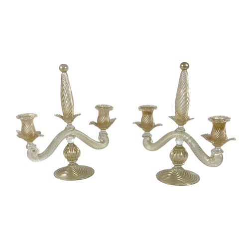 113 - A pair of clear and gold glass twist candelabra, two-branch, hand blown, in the Venetian style, unsi... 