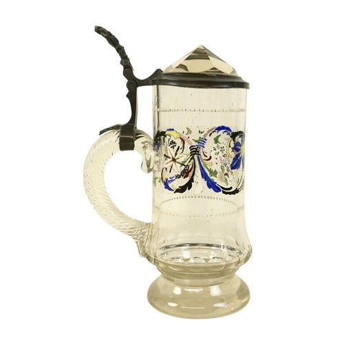 112 - A 19th century clear glass stein, with enamelled decoration, wheel engraved '0.5 L', 23cm high.