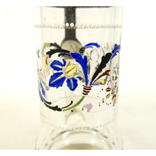 112 - A 19th century clear glass stein, with enamelled decoration, wheel engraved '0.5 L', 23cm high.