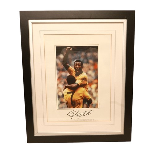 130 - Four sporting signed photographic prints including Pele, Bobby Moore, Dennis Law and Bobby Charlton,... 