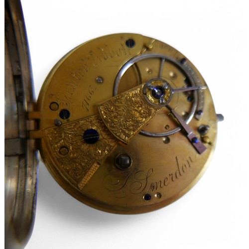 95 - A silver key wind pocket watch on stand, movement signed Smerdon Newton Abbott, watch case 44mm.

Co... 