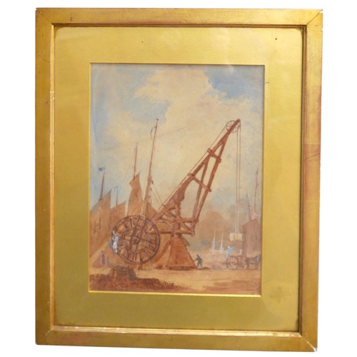 180 - Augustus Welby Northmore Pugin (1812-1852): a watercolour of a wooden shipyard crane with large whee... 