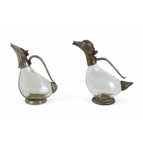 153 - Two duck shaped glass decanters with plated fittings, largest 25 by 10 by 27cm high.(2)