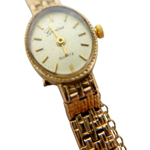 113 - Four gold ladies watches, three 9ct yellow gold one of which has a plated strap the others being 9ct... 