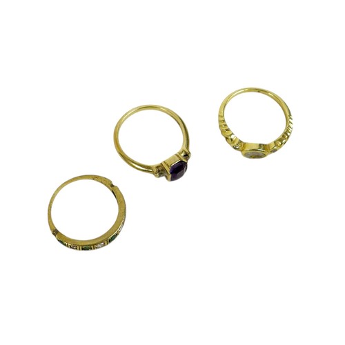 89 - Three 9ct yellow gold rings, sizes P and Q, total weight 7.9g.(3)