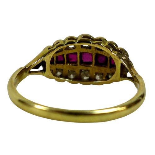 94 - An 18ct yellow gold diamond and ruby ring, set with three rows, ring size R, weight 2.9g.