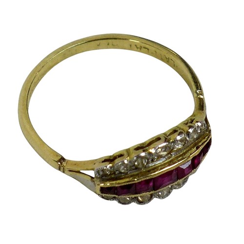 94 - An 18ct yellow gold diamond and ruby ring, set with three rows, ring size R, weight 2.9g.