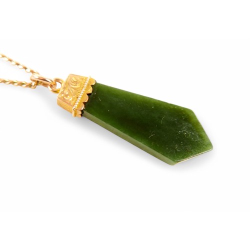 96 - A 9ct gold necklace with 9ct gold mounted spinach green jade pendant, 4cm long, chain 46.5cm long, 8... 