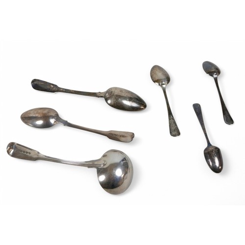 15 - Six George III and later silver spoons, including a George III ladle, Thomas Wilkes Barker, London 1... 