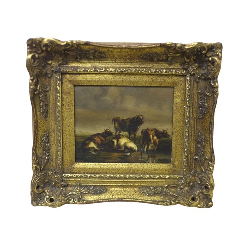 256 - Harder-oil on tin of three cows and a bull, in a gilt swept frame, signed bottom right, 24 by 19cm, ... 