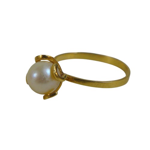 68 - Three yellow gold rings, an 18ct pearl ring size O 1.6g, and two 9ct gold rings size K, total weight... 