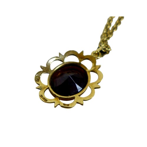 75 - A 9ct yellow gold garnet pendant on a 9ct chain, pendant 28 by 4 by 16mm, chain 40cm long, weight 5.... 