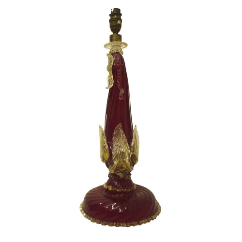 235 - A Venetian ruby and gilt glass dolphin table lamp, 20cm diameter by 49cm high.