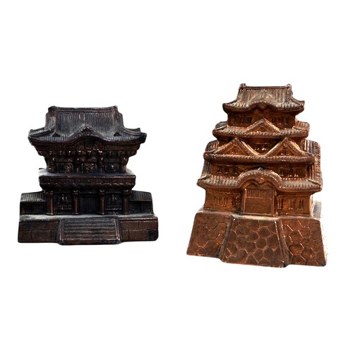 122 - A collection of five gilt metal buildings, boat, and buildings, made in occupied Japan.(5)