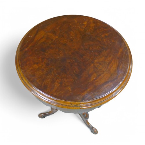 306 - A Victorian burr walnut trumpet workbox on a tripod base, 45cm diameter by 72cm high.