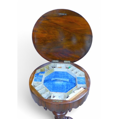 306 - A Victorian burr walnut trumpet workbox on a tripod base, 45cm diameter by 72cm high.