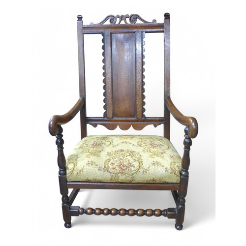 303 - An 18th century and later oak open armchair, 64 by 62 by 110cm high.