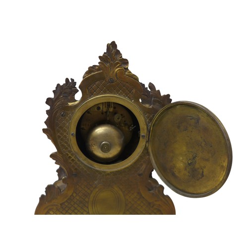 215 - A French 19th century gilt brass mantel clock, the case with inset painted porcelain plaques, 8-day ... 