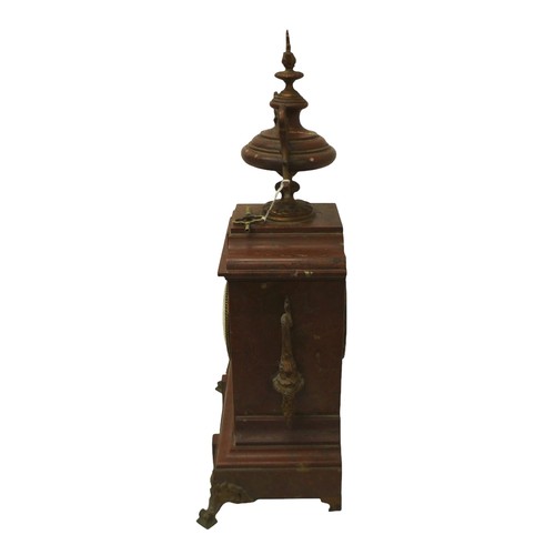 216 - A French 19th century mantel clock, the red marble case decorated with floral swags and surmounted b... 