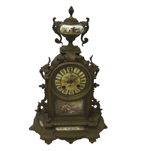 217 - A group of three French 19th century mantel clocks, one with inset painted plaques, 8-day movement s... 