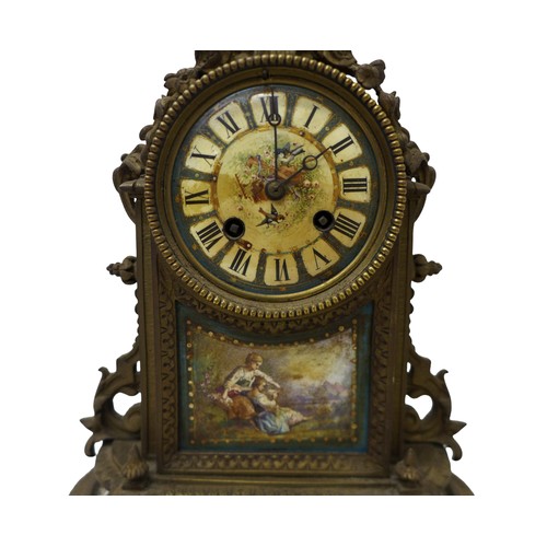 217 - A group of three French 19th century mantel clocks, one with inset painted plaques, 8-day movement s... 