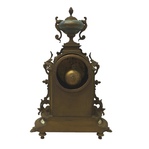 217 - A group of three French 19th century mantel clocks, one with inset painted plaques, 8-day movement s... 