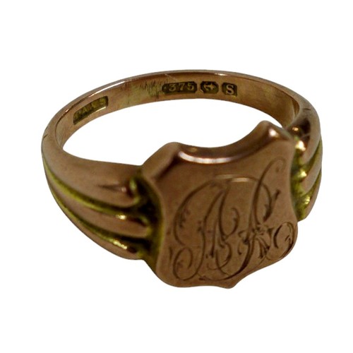 41 - A 9ct rose gold signet ring, monogram engraved, shield 13 by 11mm, size Q/R, 6.6g.